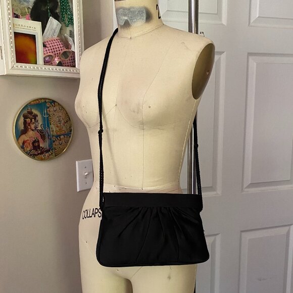 VINTAGE 1950s Pappagallo BLACK Satin Evening Tension Clutch Bag Purse - Picture 2 of 6